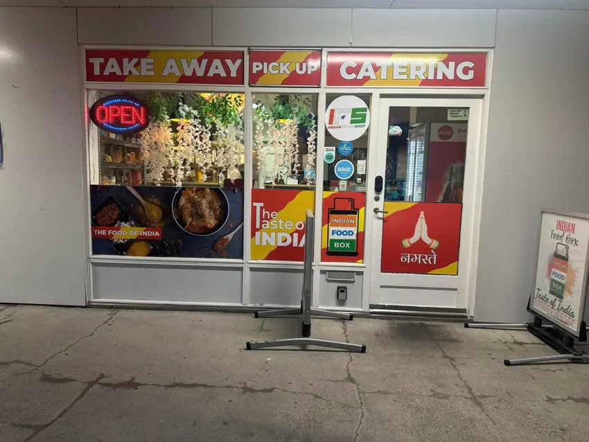 Indian Food Box entrance with takeaway, pickup and catering signs